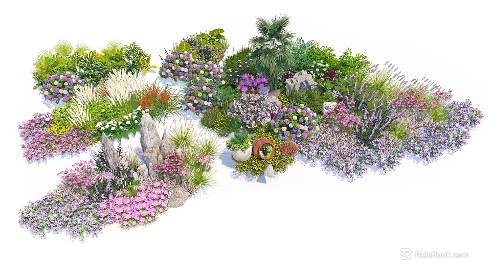 Colorful Shrub Varieties In Garden With Decorative Stones And Mixed Flowers 3d model 