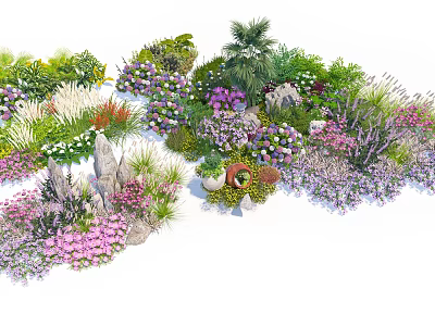 Colorful Shrub Varieties In Garden With Decorative Stones And Mixed Flowers 3d model