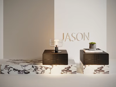 Modern Black Wooden Bedside Table With Glass Table Lamp And Small Plant On Marble Surface 3d model