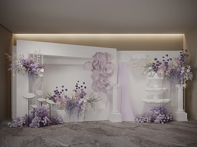 Elegant Floral Installation With Purple White Flowers Ornamental Petals And Display Stands 3d model