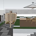 Modern Garden Landscape With White Building Stone Path Wooden Terrace Pond Green Plants And Lighting