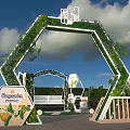 Modern Outdoor Bar With Greenery Archway Bench Hexagonal Display Stand Round Lights And Stone Path 3d model