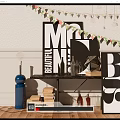 Ornamental Decor Combination with Letter Art Stacked Books and Geometric Ornaments on Black Shelf