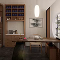 Minimalist Tea Room Interior With Wooden Lattice Shelves Long Tables And Pendant Lights
