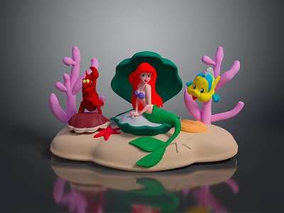 Mermaid With Red Lobster And Yellow Fish On Green Shell With Pink Coral And Starfish 3d model