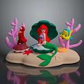 Mermaid With Red Lobster And Yellow Fish On Green Shell With Pink Coral And Starfish