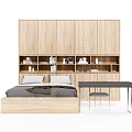 Modern Wooden Bedroom Interior With Integrated Wardrobe Bookshelf And Desk