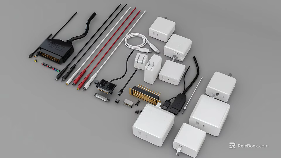 Essential Mobile Digital Accessories Including Connectors Cables Chargers And Adapters 3d model 