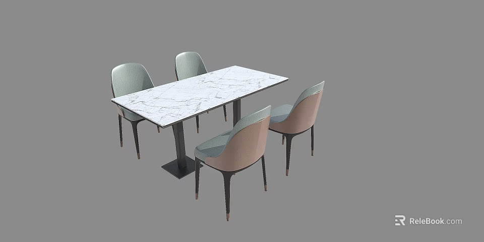 Modern Dining Table Set with Rectangular Marble Top and Light Gray Upholstered Chairs 3d model