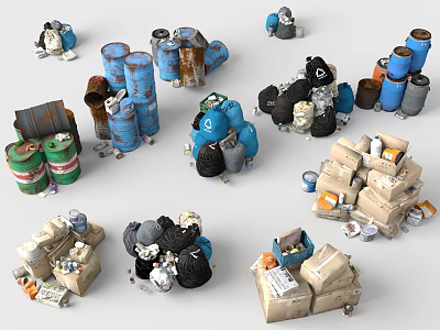 Various Colored Trash Cans Garbage Bags And Piled Waste Boxes Collection 3d model