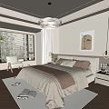 Modern Bedroom Interior With Beige Brown Bedspread Pillows Window Blinds And Wooden Floor