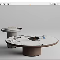 Modern Round Coffee Table With Marble Surface And Brown Base Featuring Magazine And Decorative Items 3d model