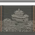 Dark Background Wall With Intricately Carved Chinese Architecture Relief And Wooden Frames