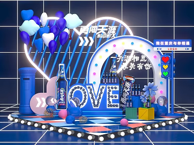 Vibrant Photo Check In Spot With Blue White Balloons Neon Signs Heart Shape LOVE Letters 3d model