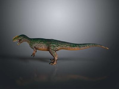 Green and Brown Dinosaur Standing with Open Mouth Textured Scales on Gray Background with Reflection 3d model