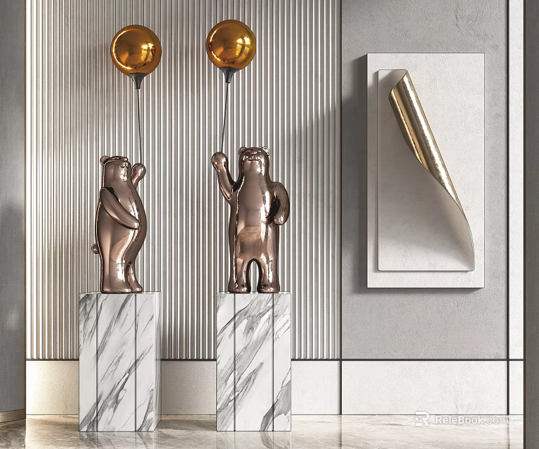 Bronze Bear Sculptures On Marble Pedestals With Golden Spherical Decorations And Wall Curled Carving 3d model 