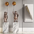 Bronze Bear Sculptures On Marble Pedestals With Golden Spherical Decorations And Wall Curled Carving