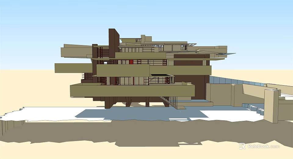 Modern Detached Villa With Overhanging Structure And Large Glass Windows 3d model 