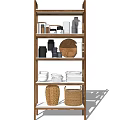 Stylish Dinnerware Set with Wooden Plates Bowls White Black Containers on Organized Wooden Shelves