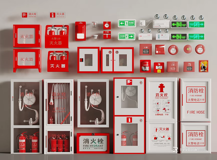 Essential Fire Safety Equipment Collection Featuring Extinguishers Hydrants Cabinets Alarms And Lights 3d model 
