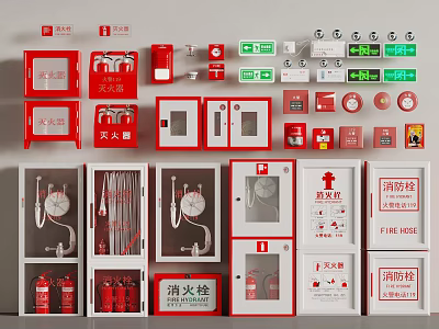 Essential Fire Safety Equipment Collection Featuring Extinguishers Hydrants Cabinets Alarms And Lights 3d model