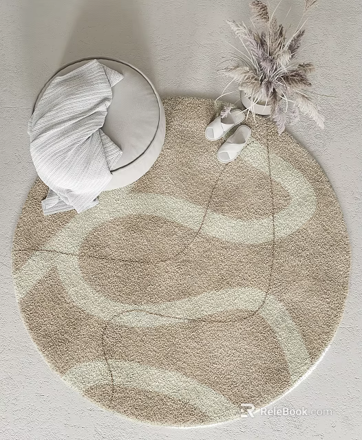 Round Beige Area Rug With Light Beige Wavy Pattern Cushion Blanket Slippers And Decorative Plants 3d model 