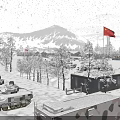 Snowy Mountain Camp Landscape With Watchtower Red Flags And Vehicles On Snowy Ground