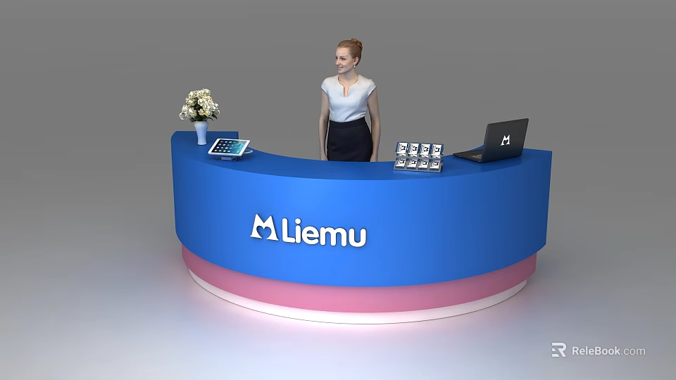 Modern Curved Reception Desk with Liemu Logo Flower Vase Tablet Brochures Laptop and Receptionist 3d model 