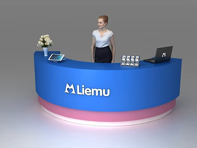 Modern Curved Reception Desk with Liemu Logo Flower Vase Tablet Brochures Laptop and Receptionist 3d model