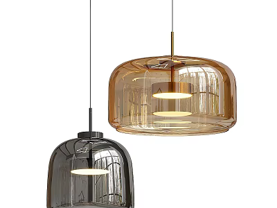 Two Modern Glass Pendant Lights in Black and Amber Design with Illuminated Shades 3d model