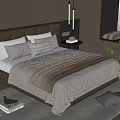 Elegant Double Bed In Modern Bedroom With Leather Headboard Striped Duvet And Green Plant