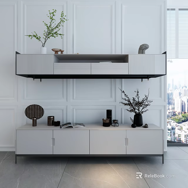 Modern TV Stand Interior Design With Floating Upper Shelf And Lower Cabinet Decorative Items 3d model 