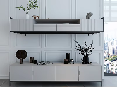 Modern TV Stand Interior Design With Floating Upper Shelf And Lower Cabinet Decorative Items 3d model