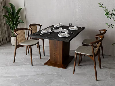 Modern Dining Table Set with Black Tabletop Wooden Legs and Four Woven Gray Cushioned Chairs 3d model