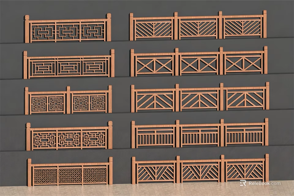Wooden Railings With Various Geometric Patterns And Decorative Carved Designs 3d model 