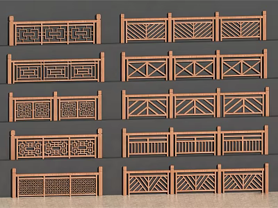 Wooden Railings With Various Geometric Patterns And Decorative Carved Designs 3d model