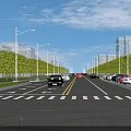 Wide Municipal Road With Well Lit Street Lamps Green Trees Parked Cars And Lane Markings