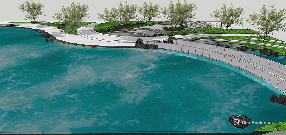 Waterfront Landscape Design With Calm Water Winding Walkway Green Trees And Natural Stone Wall 3d model 