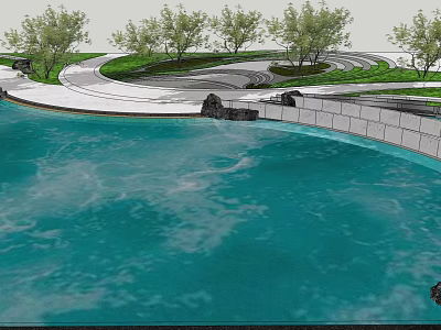 Waterfront Landscape Design With Calm Water Winding Walkway Green Trees And Natural Stone Wall 3d model