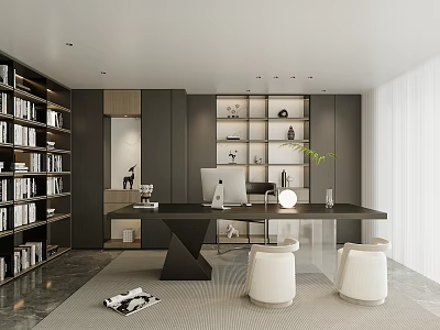 Modern Study Room Interior Featuring Black Bookshelves Desk Computer Lamp White Stools And Green Plant 3d model