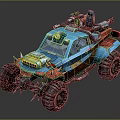 Rugged Military Off Road Vehicle With Blue Red Body Large Tires And Mounted Weapons