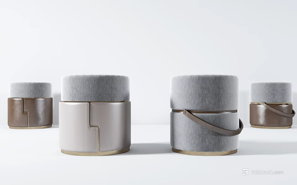 Modern Upholstered Ottoman with Gray Fabric Metal Base and Brown Handle 3d model 