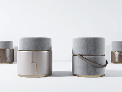 Modern Upholstered Ottoman with Gray Fabric Metal Base and Brown Handle 3d model