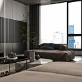 Modern Living Room Interior Design With Grey Sofa Rug TV Wall And Green Plants