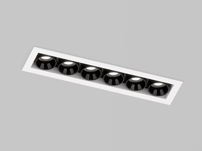 Six Black Downlight Spotlights In White Rectangular Frame Neatly Arranged 3d model