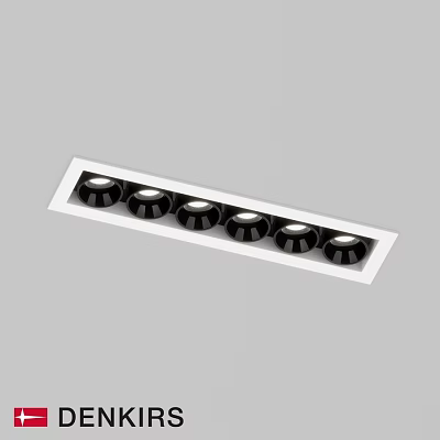 Six Black Downlight Spotlights In White Rectangular Frame Neatly Arranged 3d model