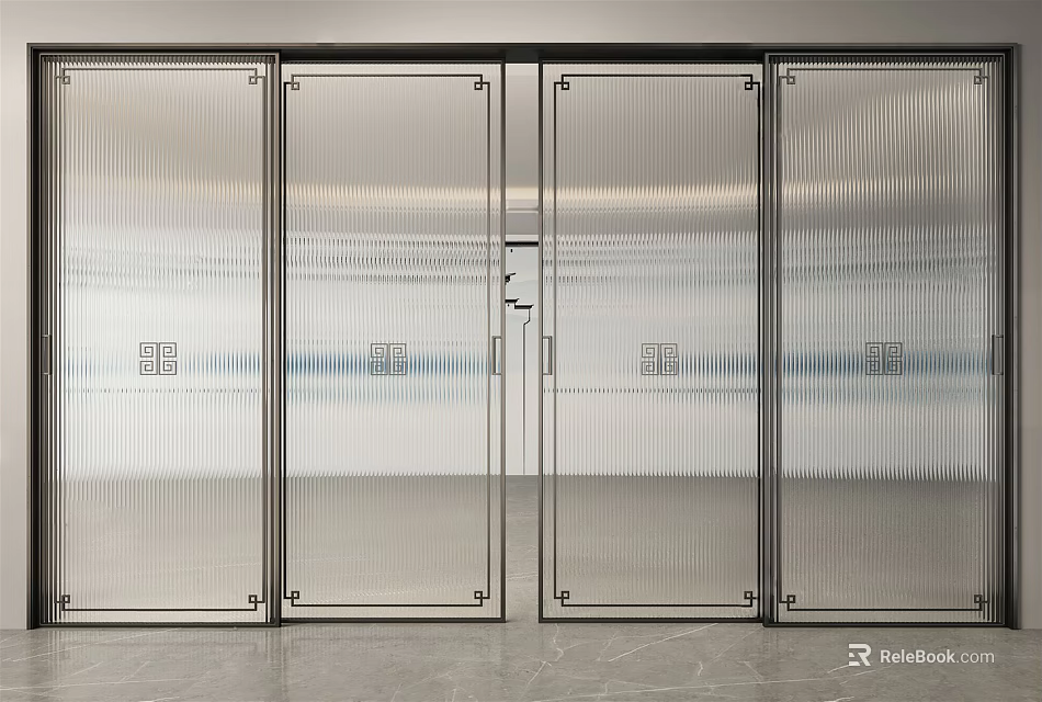Modern Glass Sliding Doors With Ribbed Texture And Metal Frames For Interior 3d model