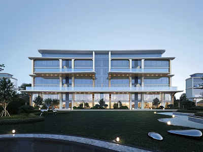 Modern Multi Storey Residential Building With Glass Curtain Walls And Landscaped Gardens 3d model