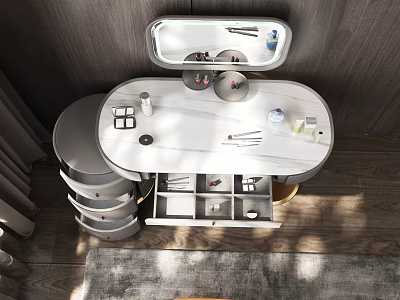 Elegant Modern Dressing Table with Round Mirror and Open Storage Drawers 3d model