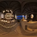 Modern Bar Interior With Large Windows Scenic View Bar Stools And Liquor Racks